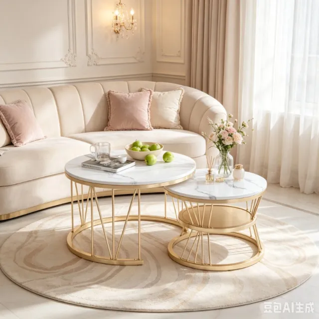 ROSAHQNDA Ronde salontafel, koffietafel met v vormig metalen onderstel, marmerlook tafelblad, moderne woonkamertafel, mdf wit en goud Wit + goud