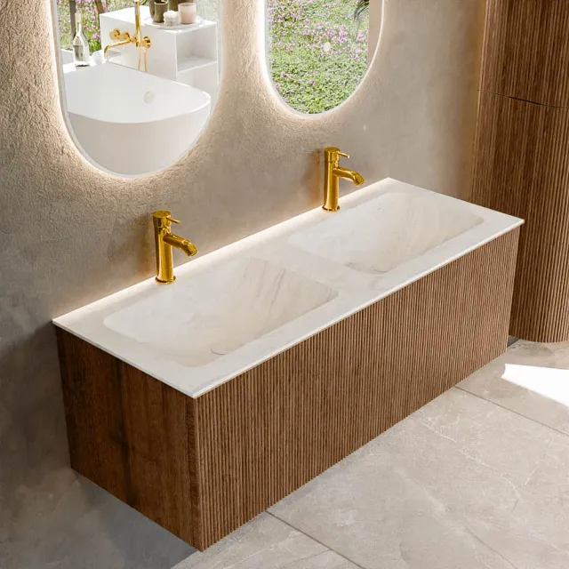 Mondiaz KURVE-DLUX 120 cm Onderkast Greeploos 1 Lade Zonder Deuren Walnut, Wastafel Solid Surface Dubbel Opalo 2 Kraangaten Zonder Spiegel (KRVLEA1201L0D2KD-Wal/Opa)