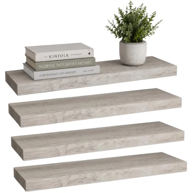 5Five® 5five Zwevende wandplank Bassline - 4x - grijs eiken - 60 cm - hout/MDF - boekenplank - muurplank - opbergplank - hangplank