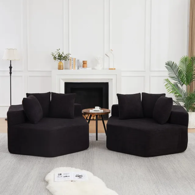 Wishdor Fauteuil - Modulaire zeshoekige vorm - Drie kussens en armleuningen - Antislip onderzijde - Schuimvulling met veren - Modern design - Woonkamer - Chenille stof - Zwart - 138 x 122 x 76 cm