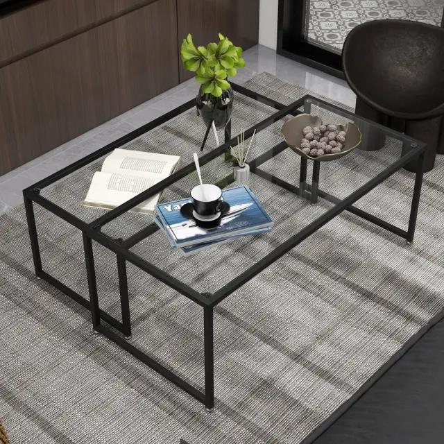 STILVORA Salontafel Set Van 2 - Rechthoekige Nesttafels Met Gehard Glas - Voor Woonkamer - Staal - 119 x 56 x 44,5 Cm - Zwart En Transparant