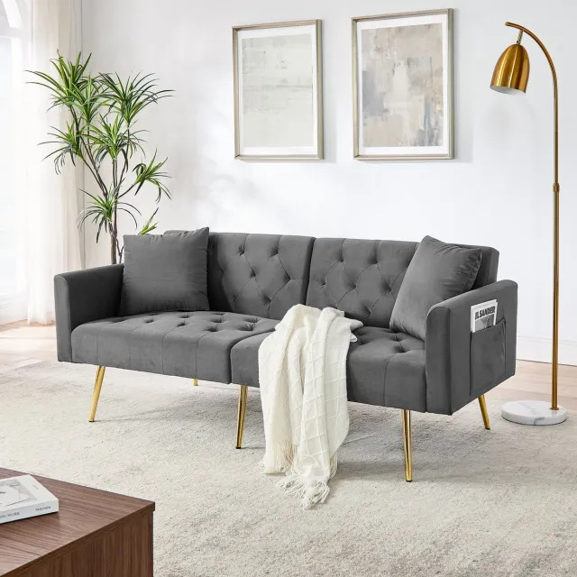 Wishdor Slaapbank - Grijze velvet 2-zits met verstelbare rugleuning - Met 2 kussens - Metalen poten - Voor woonkamer en kleine ruimtes - 177 x 78 x 74 cm Grijs