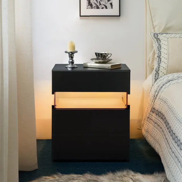 CHICFURN Nachtkastje - RGB-ledverlichting - 3 lades - zwart