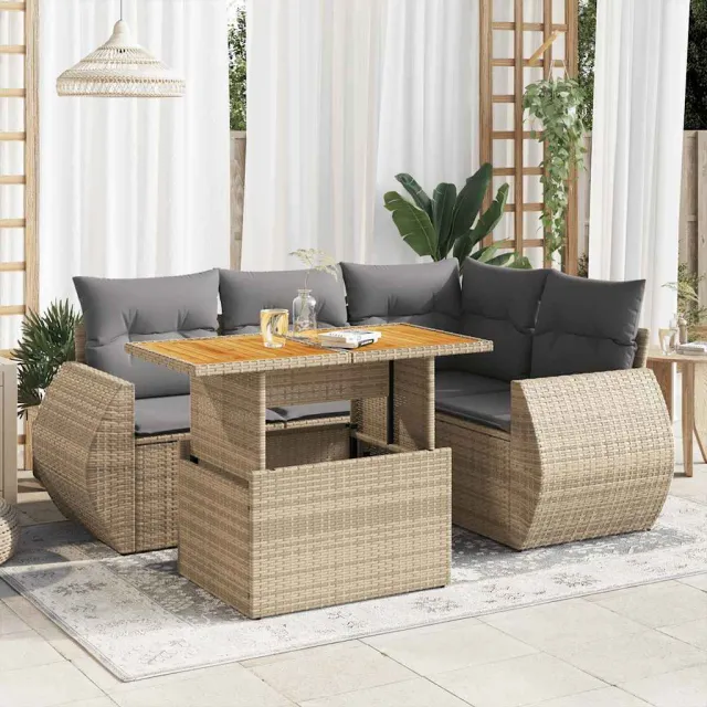 vidaXL 5-delige Loungeset met kussens poly rattan beige, foto 2