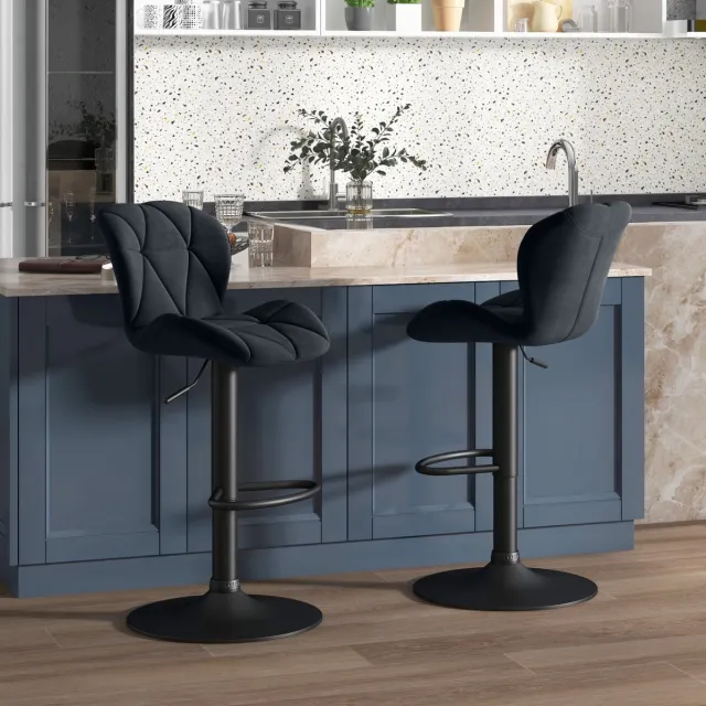 HAUSS SPOLE Barkruk Set van 2 - Draaibaar en Hoogteverstelbaar Met Rugleuning - Armlos - Voor Keuken En Bar - Velvet - Zwart