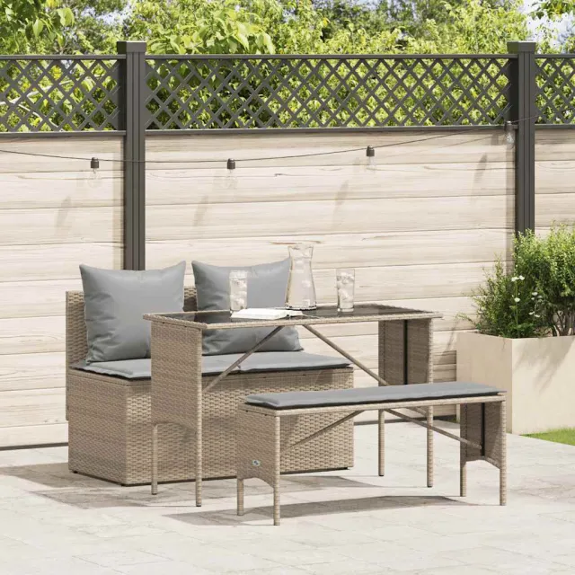 vidaXL 3-delige Tuinset met kussens poly rattan beige, foto 2