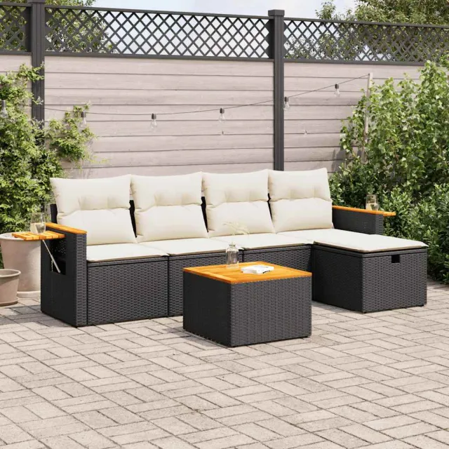 vidaXL 6-delige Loungeset met kussens poly rattan zwart, foto 2
