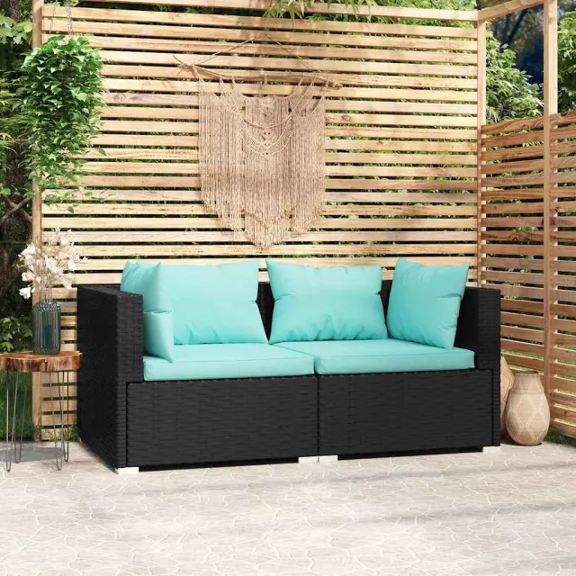 vidaXL Tweezitsbank met kussens poly rattan zwart, foto 2