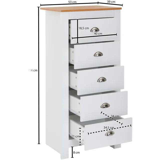 Wohnling dressoir met 5 lades 53x114x39 cm ladekast wit / eiken modern | Design dressoir hoog smal | Commode woonkamer Zie omschrijving