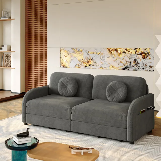 VVBV Slaapbank 2-Zits Uittrekbaar 166 cm - 3-in-1 Bedbank met Chenille Bekleding, Kussens en Opbergvakken - Tweepersoonsbed - Grijs