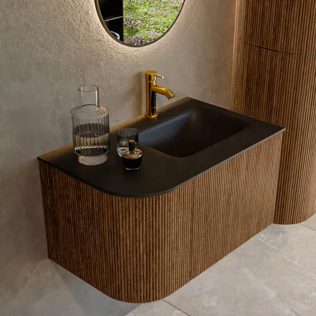 Mondiaz KURVE 75 cm Onderkast Greeploos 1 Lade Met Deuren Walnut, Wastafel Solid Surface Rechts Urban 1 Kraangat Zonder Spiegel (KRVGRU75L1L1D1KR-Wal/Urb)