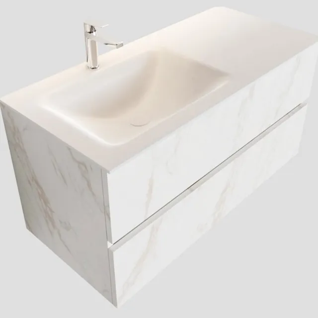 Boss & Wessing Badkamermeubel BWS Valencia Carrara Mat 100 cm Solid Surface Wastafel Links (1 kraangat, 2 lades)