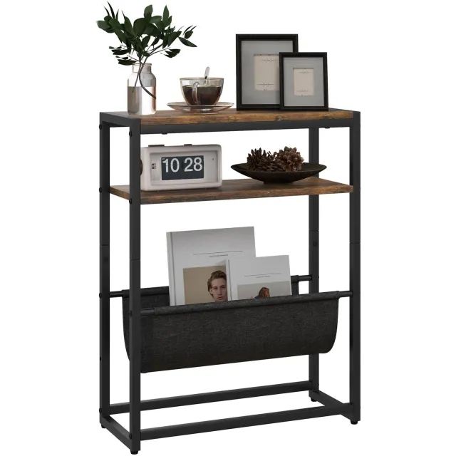 Lunpog Bijzettafel smalle salontafel 43 x 18 x 56 cm rustiek bruin | 3-traps plank, V-vormige magazijnhouder, industrieel nachtkastje, voor woonkamer, slaapkamer, kleine ruimtes zwart