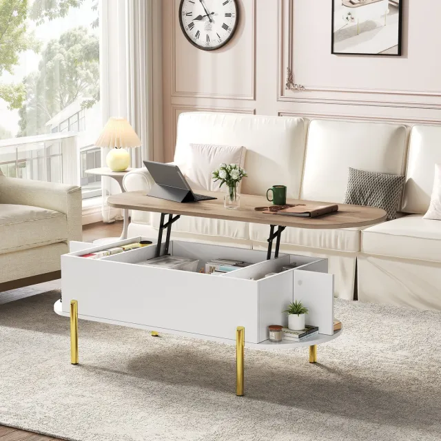 MEUNIQ Salontafel 120 x 50 x 43 cm met in hoogte verstelbaar blad, verborgen opbergruimte en 7 vakken voor woonkamer – wit, naturel en goud
