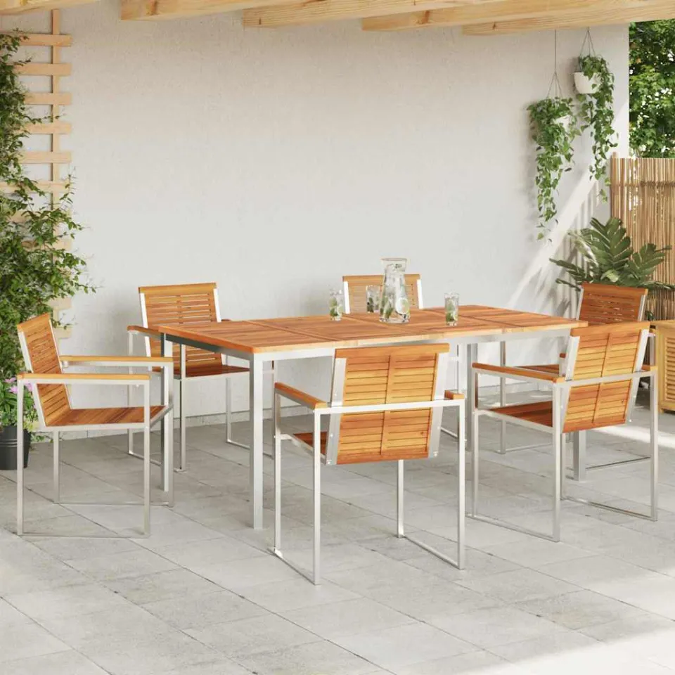 vidaXL Tuin eettafelset 7 st Massief acaciahout en roestvrij staal, foto 3