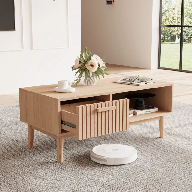 SHOPENTRA Houten Salontafel met 1 Lade Multifunctionele Bijzettafel voor Woonkamer of Zitkamer Houtkleur