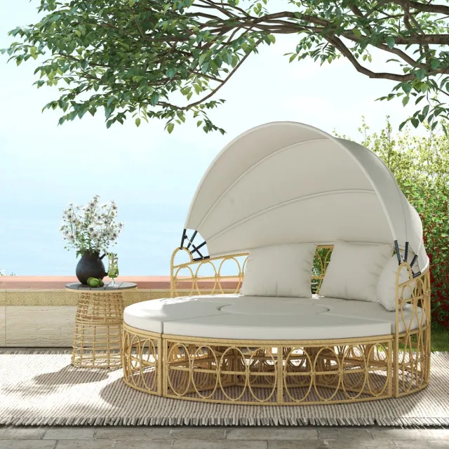 MEUNIQ zonne-eiland loungeset 4-delig met uitschuifbaar dak, 5 kussens, tafel en hockers, rattan look, 178 x 85 x 66,5 cm, crème, voor tuin of balkon Cream White
