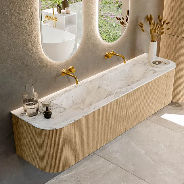 Mondiaz KURVE-DLUX 180 cm Onderkast Greeploos 2 Lades Met Deuren Oak, Wastafel Solid Surface Dubbel Glace 0 Kraangaten Zonder Spiegel (KRVLEA180L+R2L2D0KD-Oak/Gla)