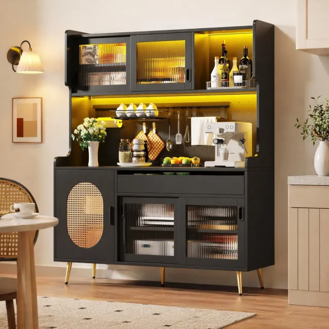 COVREO Buffetkast 145x39x171 cm zwart, MDF met LED verlichting en opbergruimte
