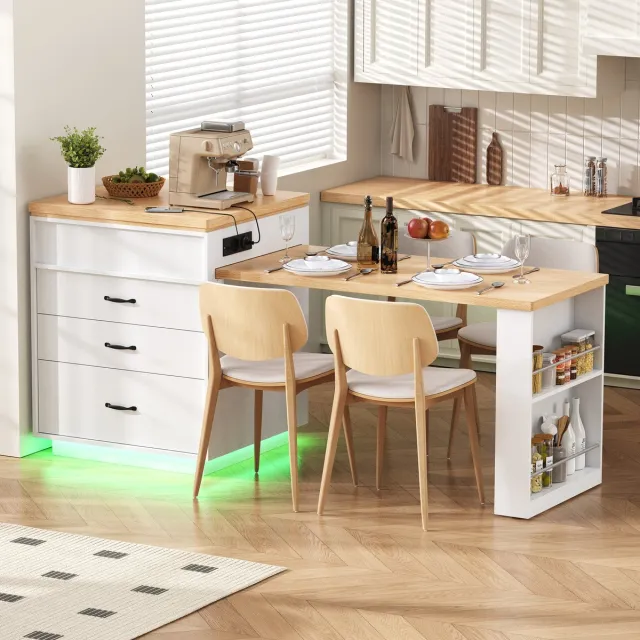 KOMHTOM Keukeneiland en Keukentafel - Uitschuifbare Eettafel met Wieltjes - Voorzien van LED-verlichting en Stekkerdozen - Te gebruiken als Aanrecht, Dressoir of Bartafel - Voor Keuken en Eetkamer (Wit)