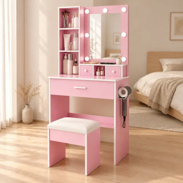 Wishdor Kaptafel met spiegel en dimbare LED-verlichting - Drie lichtkleuren en stopcontact - Haardrogerhouder, drie lades en open opbergrek - Moderne stijl - MDF - Roze - 38 x 60 x 131,5 cm