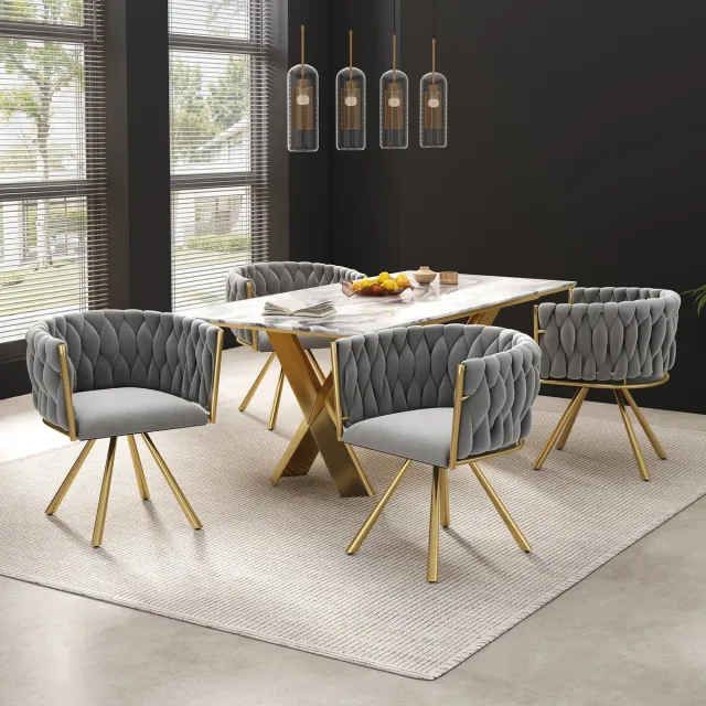 Welltin Eetkamerstoel - Set van 4 - Fluwelen kaptafelstoel, luxe draaistoel voor de slaapkamer, comfortabele draaistoel, vier metalen steunpoten - Grijs
