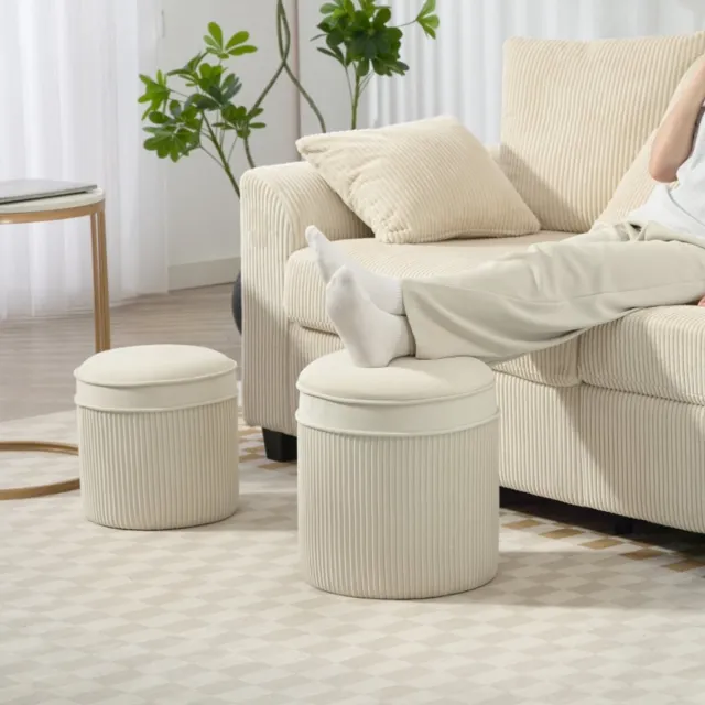 OKWISH Poef Opbergruimte – 2-Delige Set 36 x 36 x 41,5 cm – Polyester – Cremewit – Rond Met Deksel Voor Woonkamer En Kaptafel Crèmewit