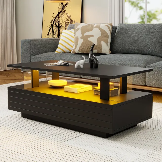 DantefHandels Zwarter LED-salontafel met opbergruimtesfunktion, Acryl-LED-woonkamertafel, bistelltisch