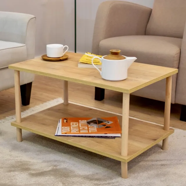 City of Wood Rechthoekige salontafel met houten poten, twee planken en tijdschriftenrek - 72x45 cm Decoratieve tafel - Beige