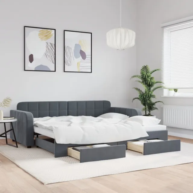 vidaXL Slaapbank onderschuifbed en lades 90x190 cm fluweel donkergrijs grijs