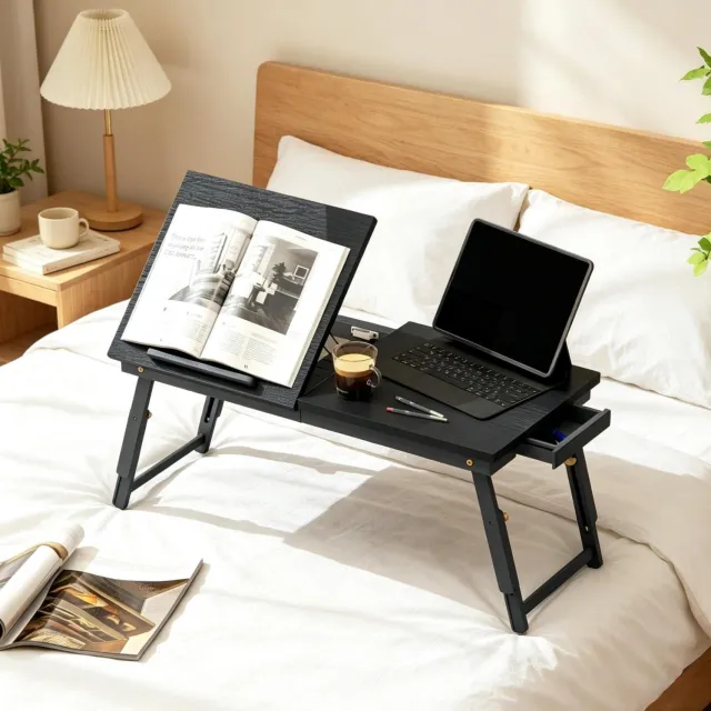 CHICFURN Bedtafel 83,5 cm - Kantelbaar tafelblad - Opklapbaar met lade - Zwart