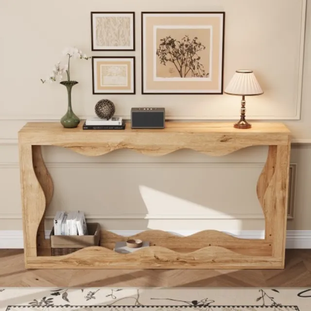 Wclavion Consoletafel met golvende rand, 2-laags plank, lange tafel met houtlook, decoratieve tafel voor de woonkamer, halplank, ontwerp met natuurlijke rand, bijzettafel Afbeeldingskleur