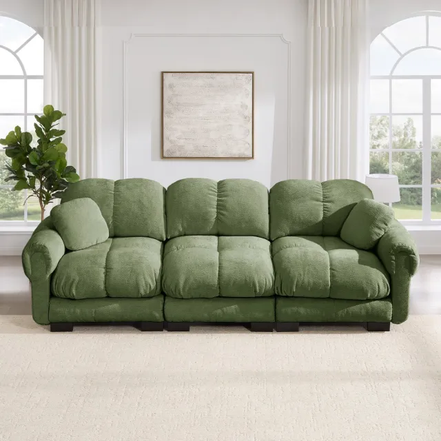 MEUNIQ 3-zits bank 260 x 86 x 90 cm in groen chenille met 2 sierkussens, gewatteerde zitting, lage poten en modulair ontwerp voor de woonkamer Green