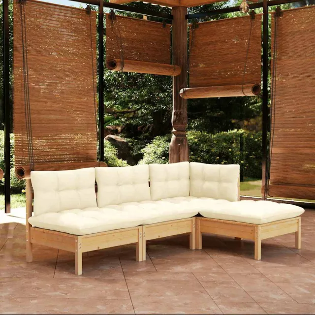 vidaXL 4-delige Loungeset met crèmekleurige kussens grenenhout, foto 2