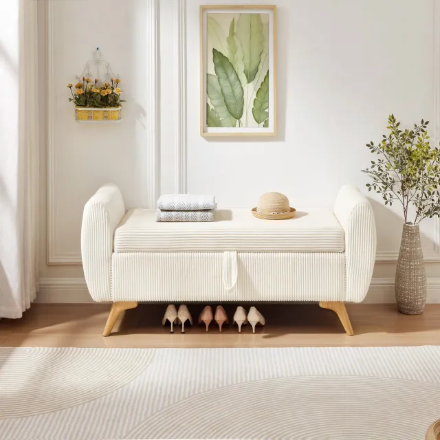 MUVANO Opbergbank met zitkussen - Corduroy zitbank met klep - houten poten - 145 x 51 x 57 cm - inklapbaar meubel voor hal, slaapkamer en woonkamer beige