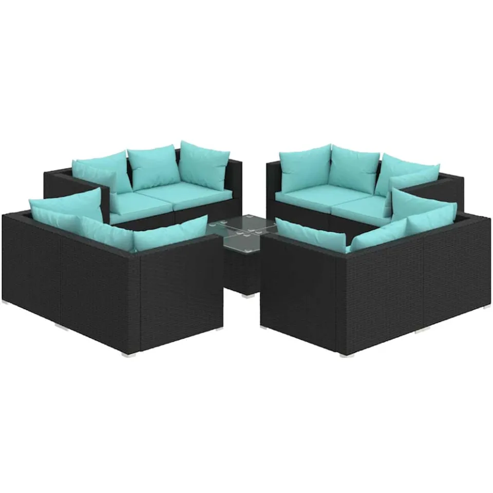 vidaXL 9-delige Loungeset met kussens poly rattan zwart, foto 3