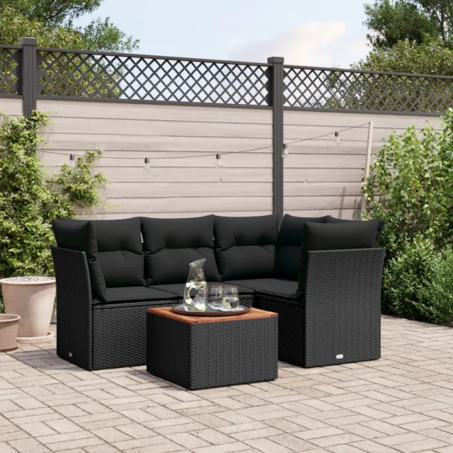 vidaXL 5-delige Loungeset met kussens poly rattan zwart, foto 2