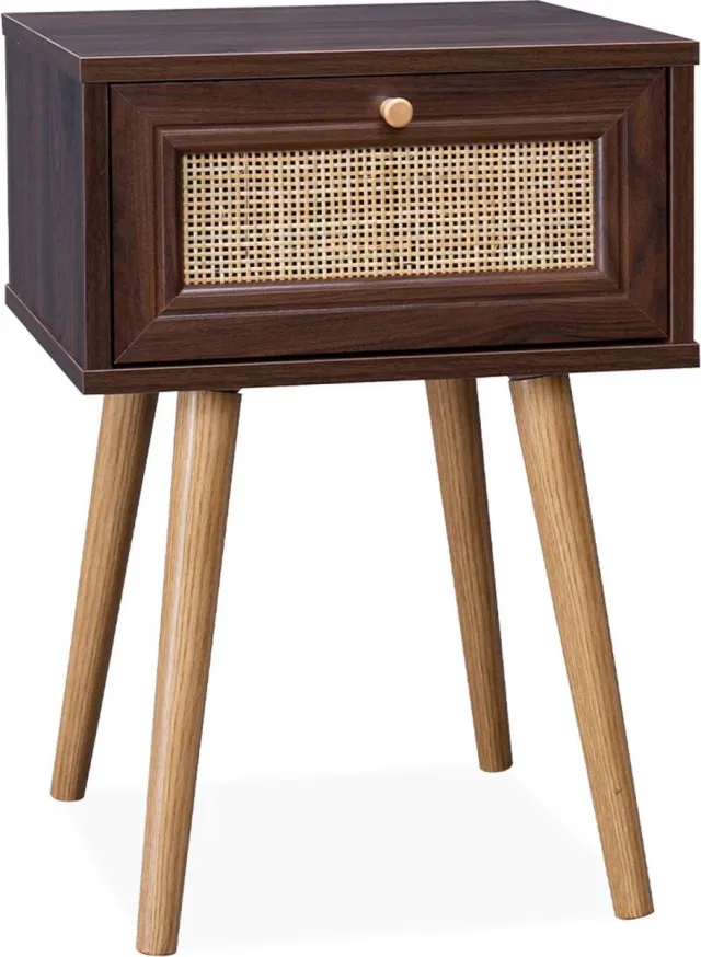 sweeek Nachtkastje met hout- en rietmotief en 1 lade - bohème Donker hout