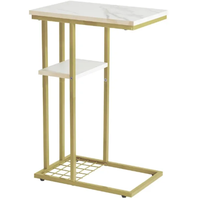 YMYNY C-vormige bijzettafel set van 2, bijzettafel voor bank en bed, salontafel voor kleine ruimtes, woonkamer, slaapkamer, industriële kleine tafel met opbergplank, marmeren patroon wit en goud