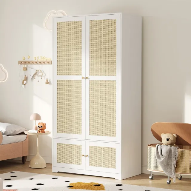 PHOEBE CAT Kledingkast - Rieten deuren - Met kledingstang - Opbergplanken - 90 x 48 x 180 cm - Wit