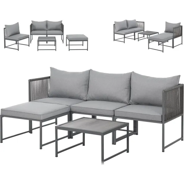 SVITA DETROIT Polyrattan Tuinloungeset Modulaire Hoekbank met Tafel Inclusief Kussens Grijs