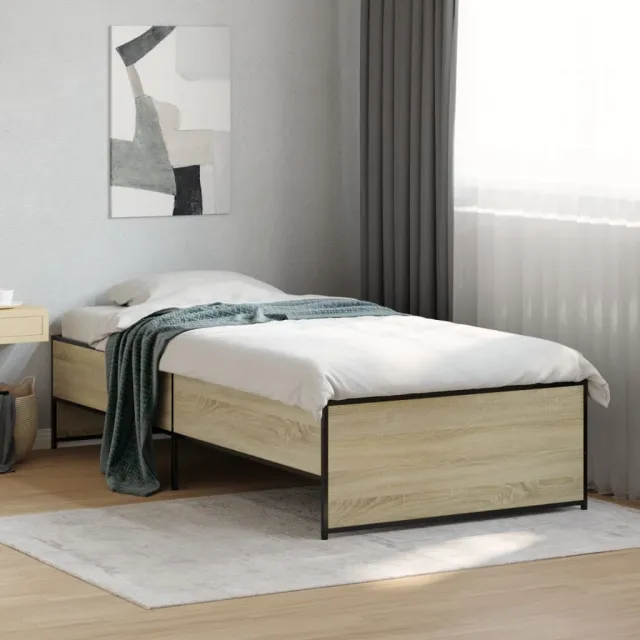 vidaXL Bedframe bewerkt hout en metaal sonoma eikenkleurig 90x200 cm