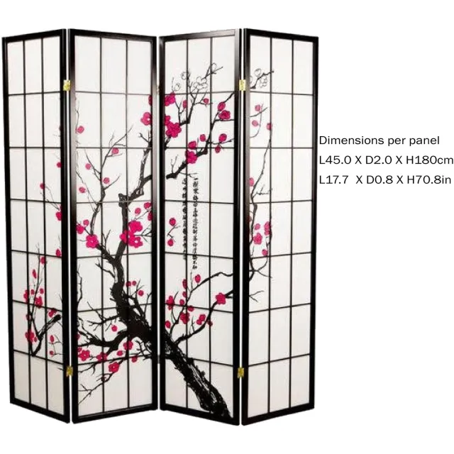Fine Asianliving Japanse Kamerscherm B180xH180cm 4 Panelen Shoji Rijstpapier Zwart - Sakura