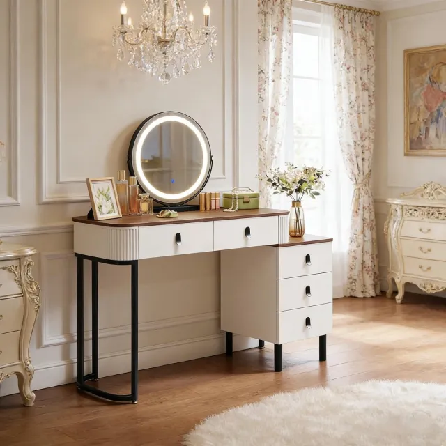 DESMIU Kaptafel LED-Spiegel Met 3 Lichtkleuren En 360 Graden Draaibaar 100 Cm MDF Metaal Bruin Wit Met 5 Lades Bruin en wit