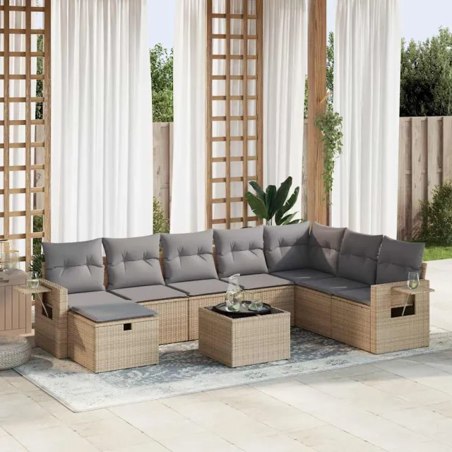 vidaXL 9-delige Loungeset met kussens poly rattan beige, foto 2