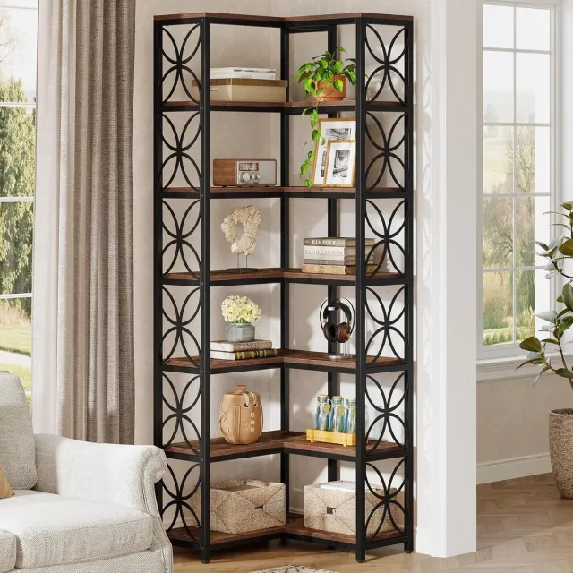 Tribesigns Boekenkast - Hoekboekenplank met 7 Planken - 60 x 60 x 200 cm - Boekenplank van Hout en Metaal- Modern Stroomlijn Het Ontwerp - Rustiek Bruin en Zwart