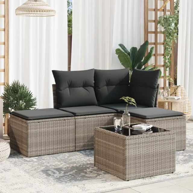 vidaXL 5-delige Loungeset met kussens poly rattan lichtgrijs grijs, foto 2