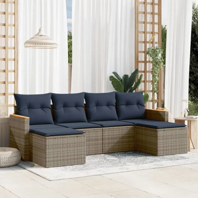vidaXL 6-delige Loungeset met kussens poly rattan grijs, foto 2