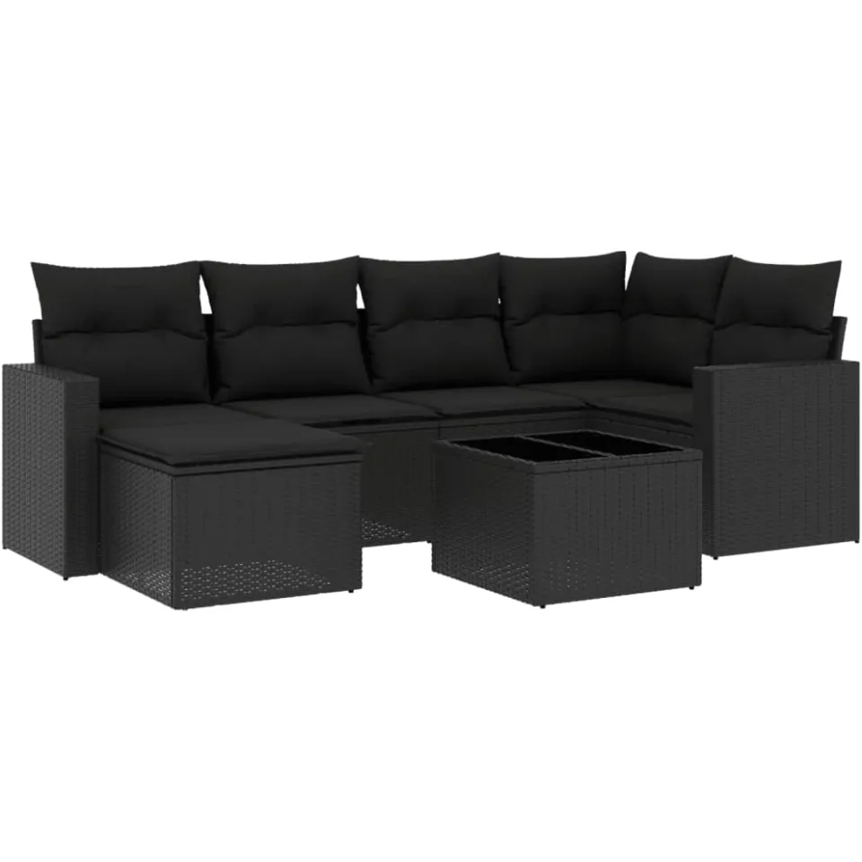vidaXL 7-delige Loungeset met kussens poly rattan zwart
