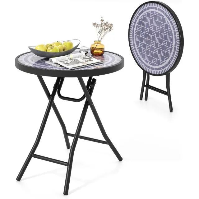 KOMFOTTEU Tuintafel van gehard glas, 46 cm, inklapbare bijzettafel met metalen frame, ronde eettafel voor terras, balkon, zijtafel voor binnen en buiten (grijs)